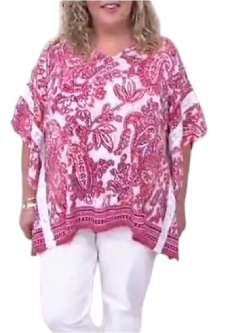 Susan Graver Printed Liquid Knit Scarf Top with Lace Trim